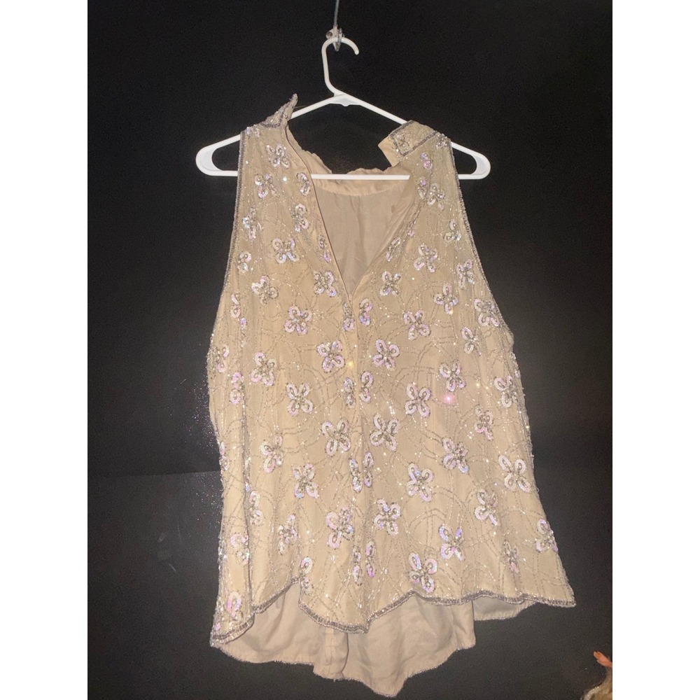 Adrianna Papell Occasions Silk Beaded Sequin Floral Top‎ Tan Beige 18W
